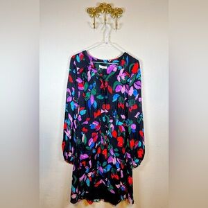 Parker Black w/Multicolor Floral Mini Dress. Rouged waist w/scalloped details